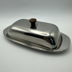 Stainless Steel Butter Dish Dolphin Mid-Century Modern Wood Handle